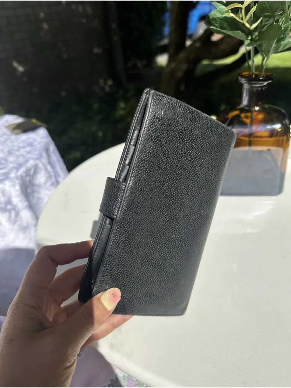 CHANEL Black Caviar Leather Phone Wallet Case with CC Logo Tri Fold Vintage